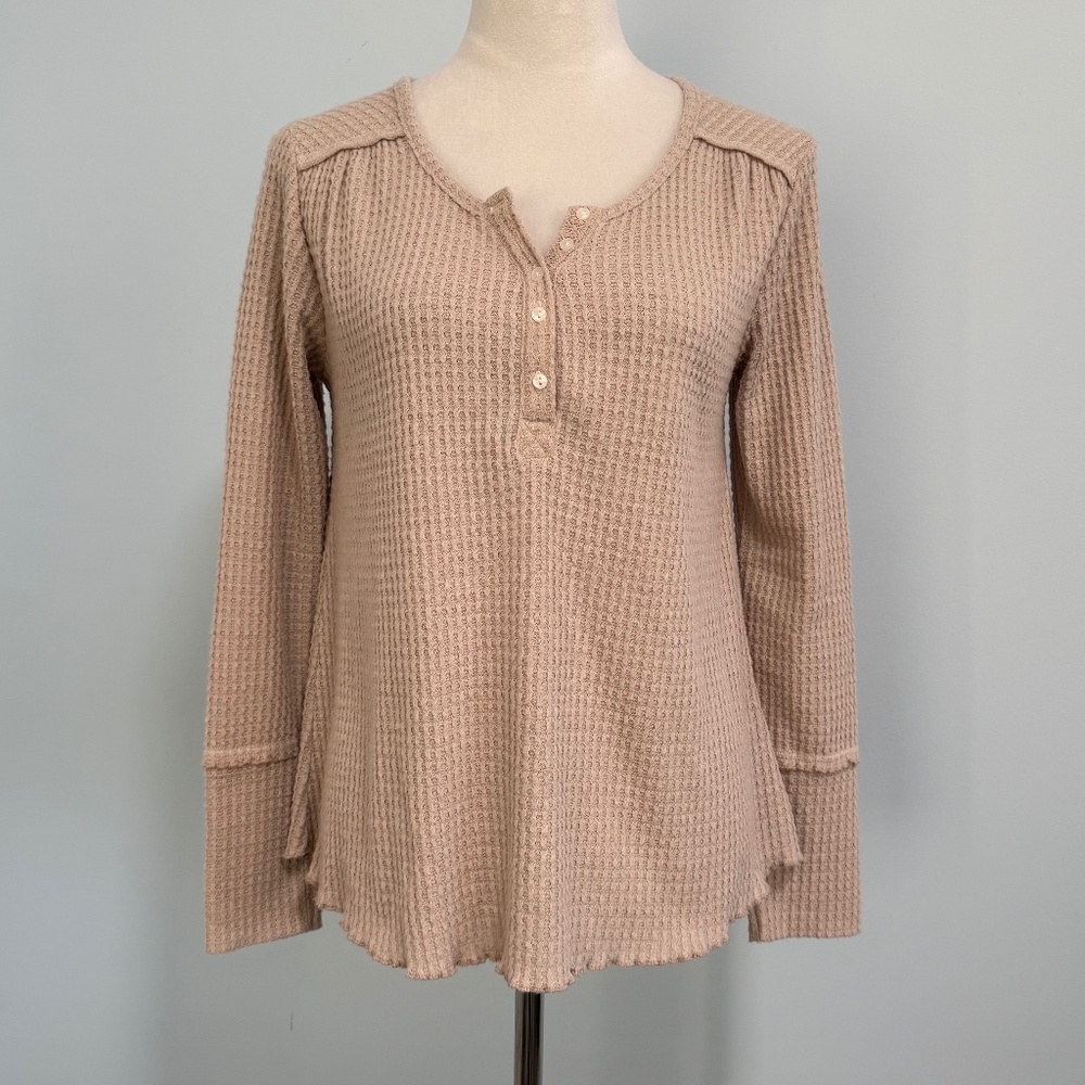 Anthropologie Long Sleeve Waffle Knit Henley Top Beige Size XS